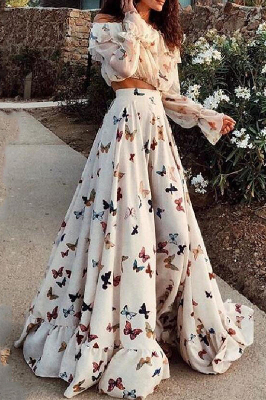 Conjunto de dos piezas de manga larga con hombros descubiertos y diseño de mariposas de vacaciones sexy