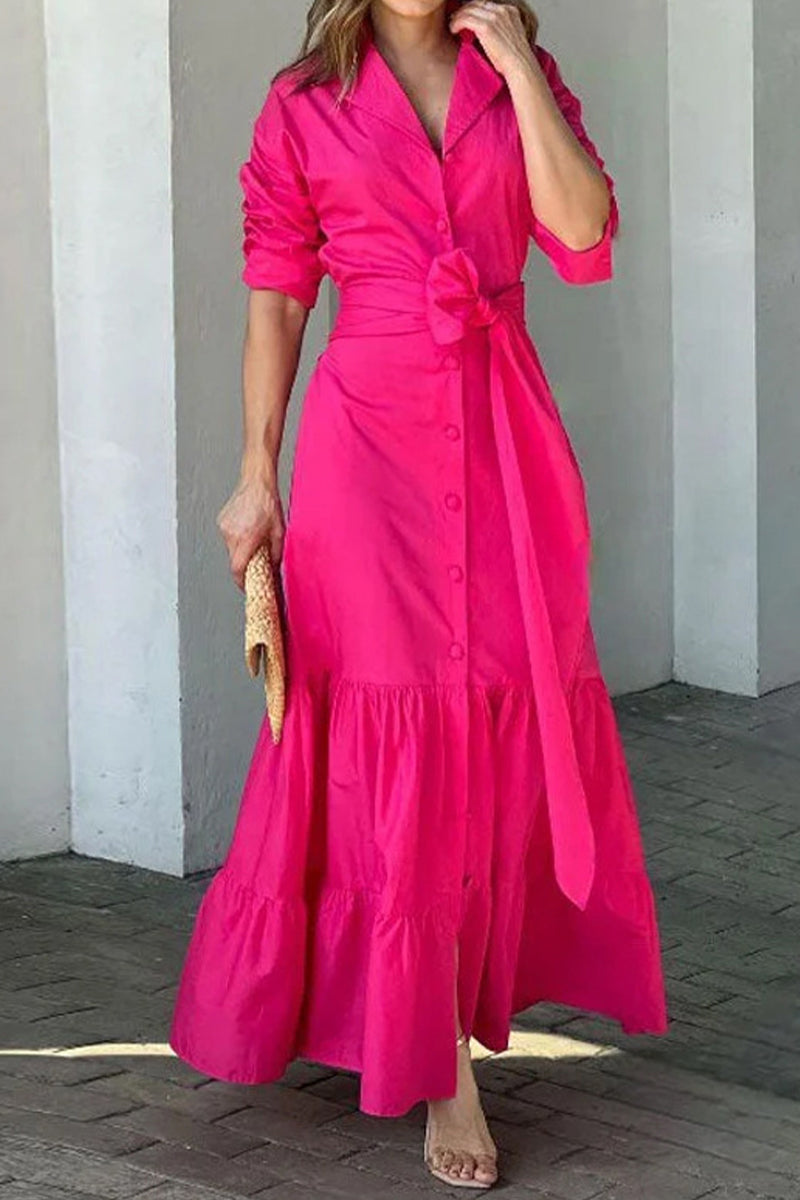 Vestidos casuales de falda con cuello camisero y cintura ajustada de color liso