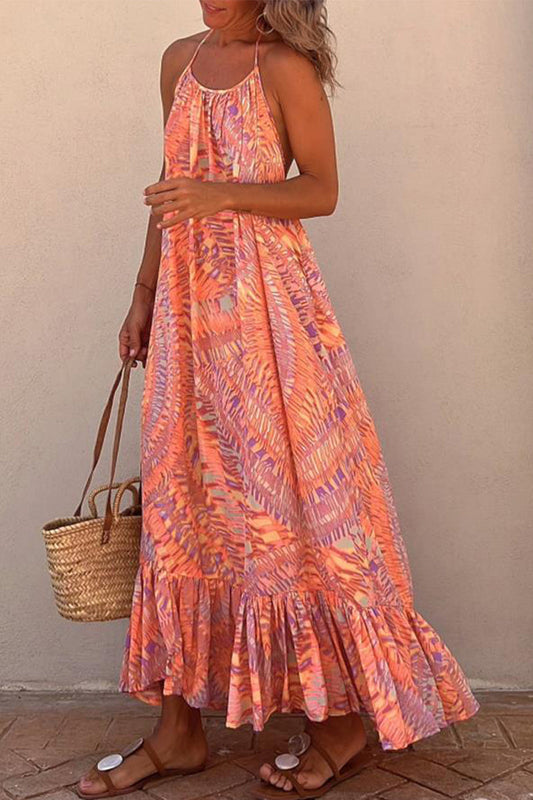 Vestido informal de vacaciones con estampado de frenillo y cuello halter