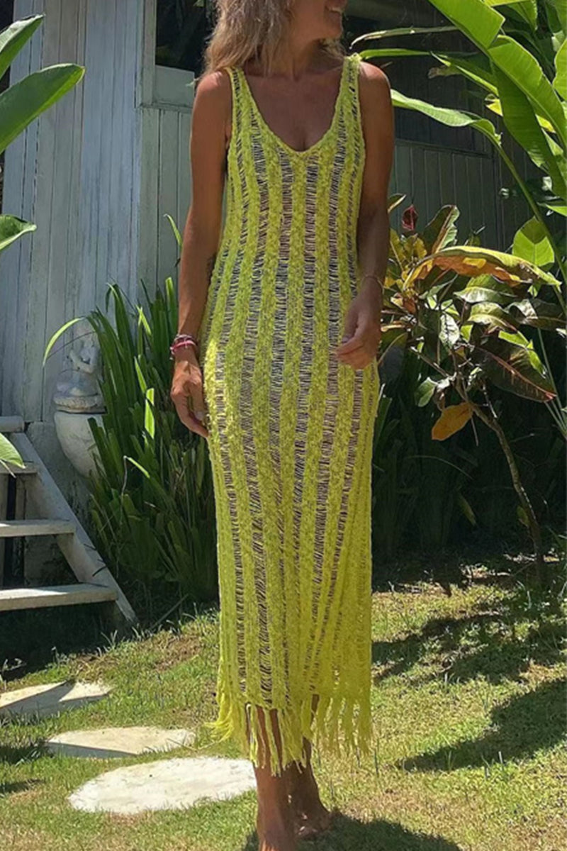 Vestido sexy con escote en V, tirantes finos y borlas sólidas