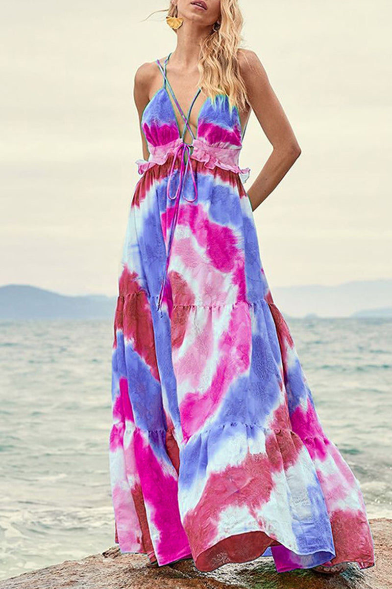 Vestido sexy con cuello en V y volantes con estampado