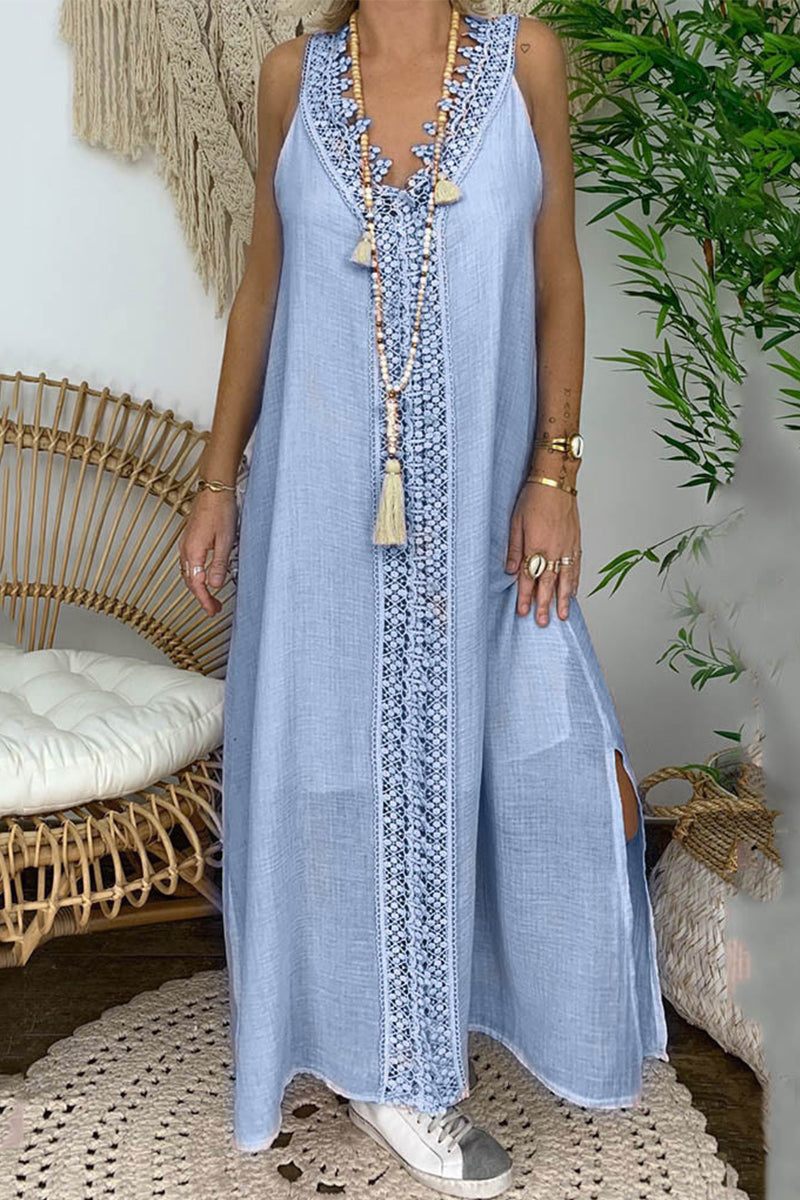 Vestido informal de encaje liso con cuello en V y sin mangas (4 colores)