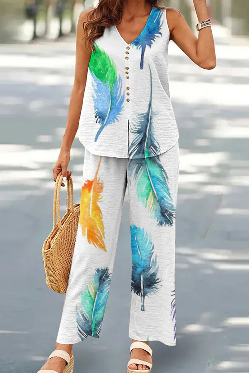 Conjunto informal de dos piezas con botones, escote en V y mangas (17 colores)