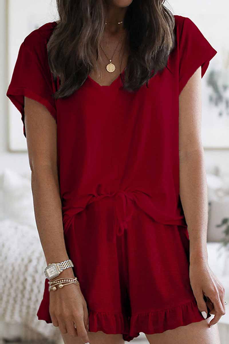 Conjunto de dos piezas con cuello en V, manga corta y patchwork liso de Street Living