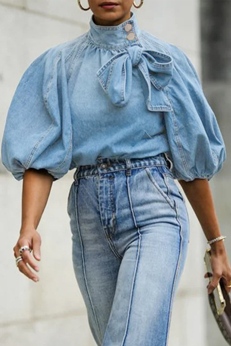 Tops casuales de cuello mandarín con parches sólidos