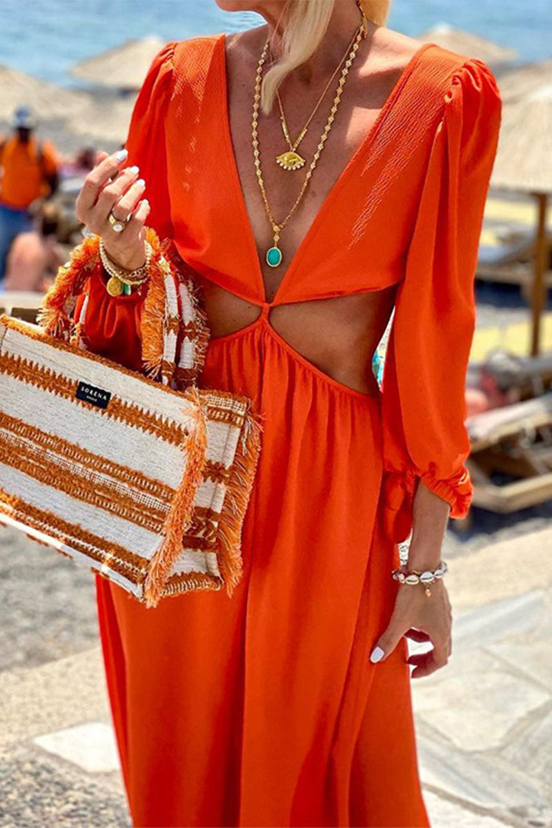 Vestidos sexis de manga larga con escote en V y espalda descubierta de color liso