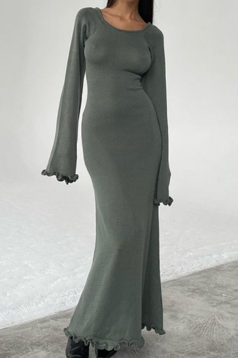 Vestidos casuales de manga larga, cuello redondo, lisos, sin espalda y con orillo fibroso (3 colores)