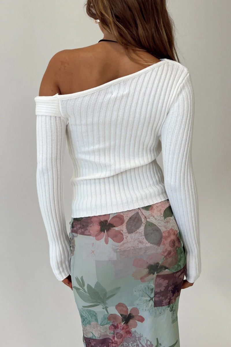 Tops casuales de cuello oblicuo con patchwork sólido