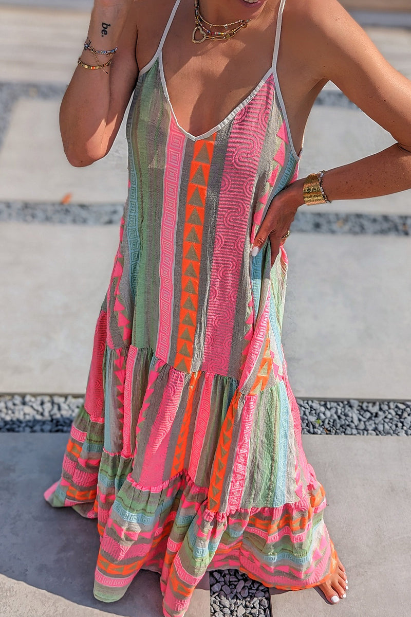 Vestido sexy de vacaciones con estampado geométrico, espalda descubierta, escote en V y tirantes.