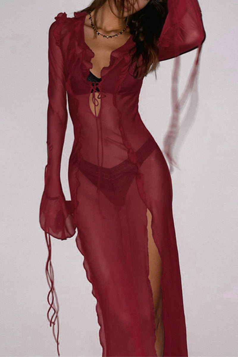 Vestidos sexys de corte A con escote en V transparente y frenillo liso