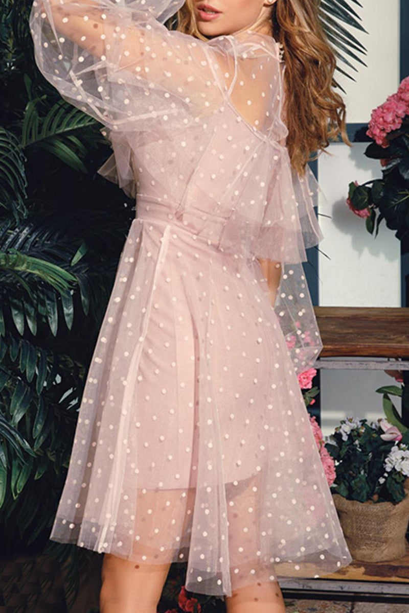 Vestidos de princesa con cuello alto, elegantes y dulces, de patchwork liso y medio cuerpo