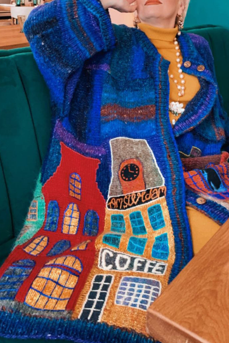 Prendas de abrigo con cuello redondo y patchwork con estampado urbano