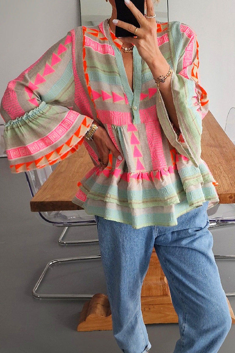 Tops casuales con cuello en V y contraste de bloques de colores