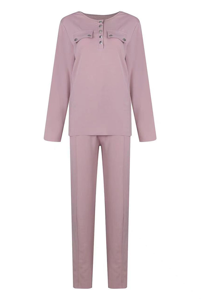 Conjunto informal de dos piezas con hebilla, color liso, escote en V y manga larga (2 colores)