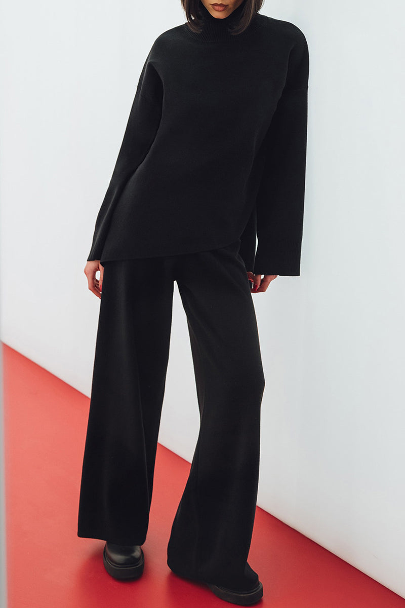 Conjunto casual de dos piezas de cuello alto asimétrico liso y manga larga