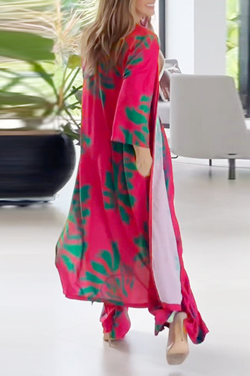 Cárdigan informal de dos piezas con bolsillos y estampado floral, cuello redondo y manga larga