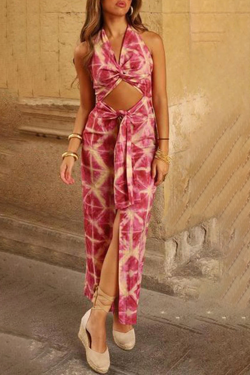 Vestido sexy sin mangas con cuello halter y contraste de frenillo