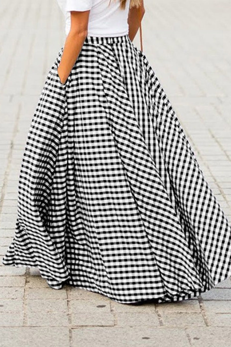 Pantalones casuales holgados de cintura alta con bolsillos a cuadros tipo A y estampado completo