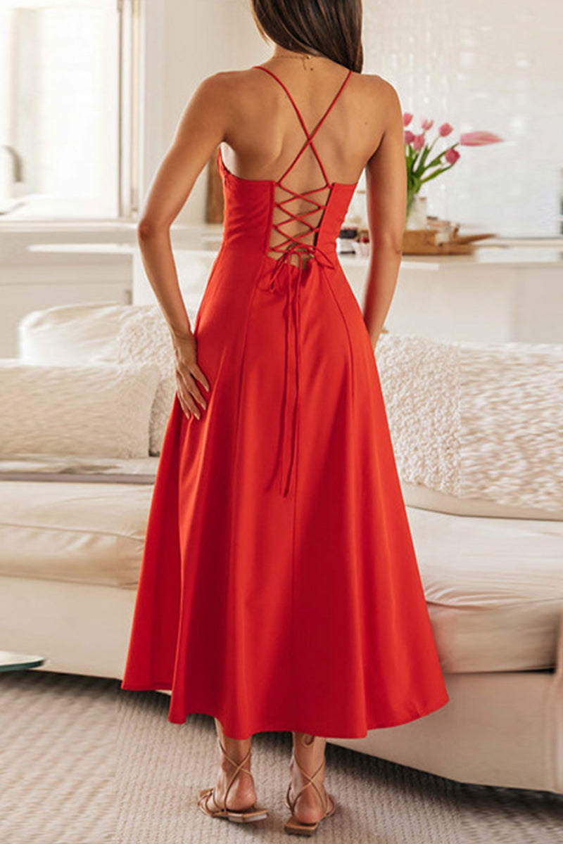 Vestido sexy de tirantes con escote en U y pliegues de frenillo liso