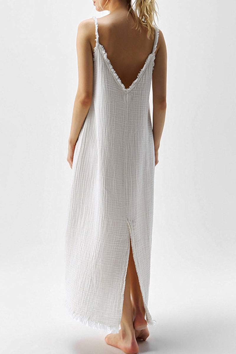 Vestidos casuales con cuello en V, borlas y tirantes