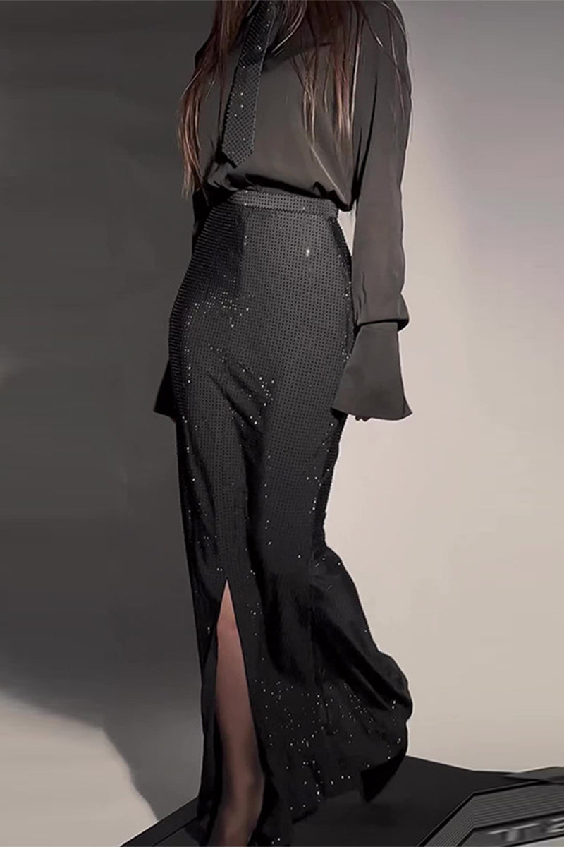 Celebridades Elegante Vestido de Taladro Caliente Sólido Cuello Vuelto Manga Larga Dos Piezas (Sin Corbata)