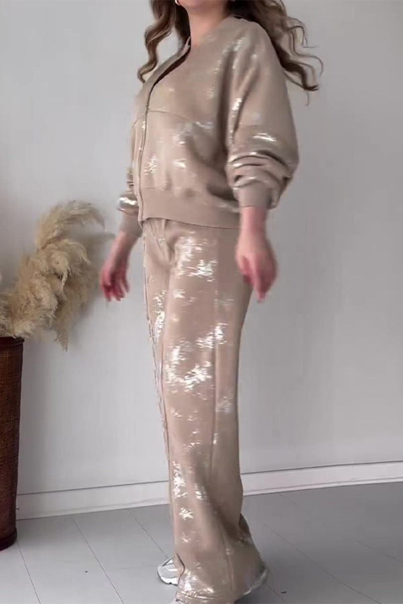 Conjunto deportivo informal con estampado de cremallera y cuello redondo, manga larga, dos piezas