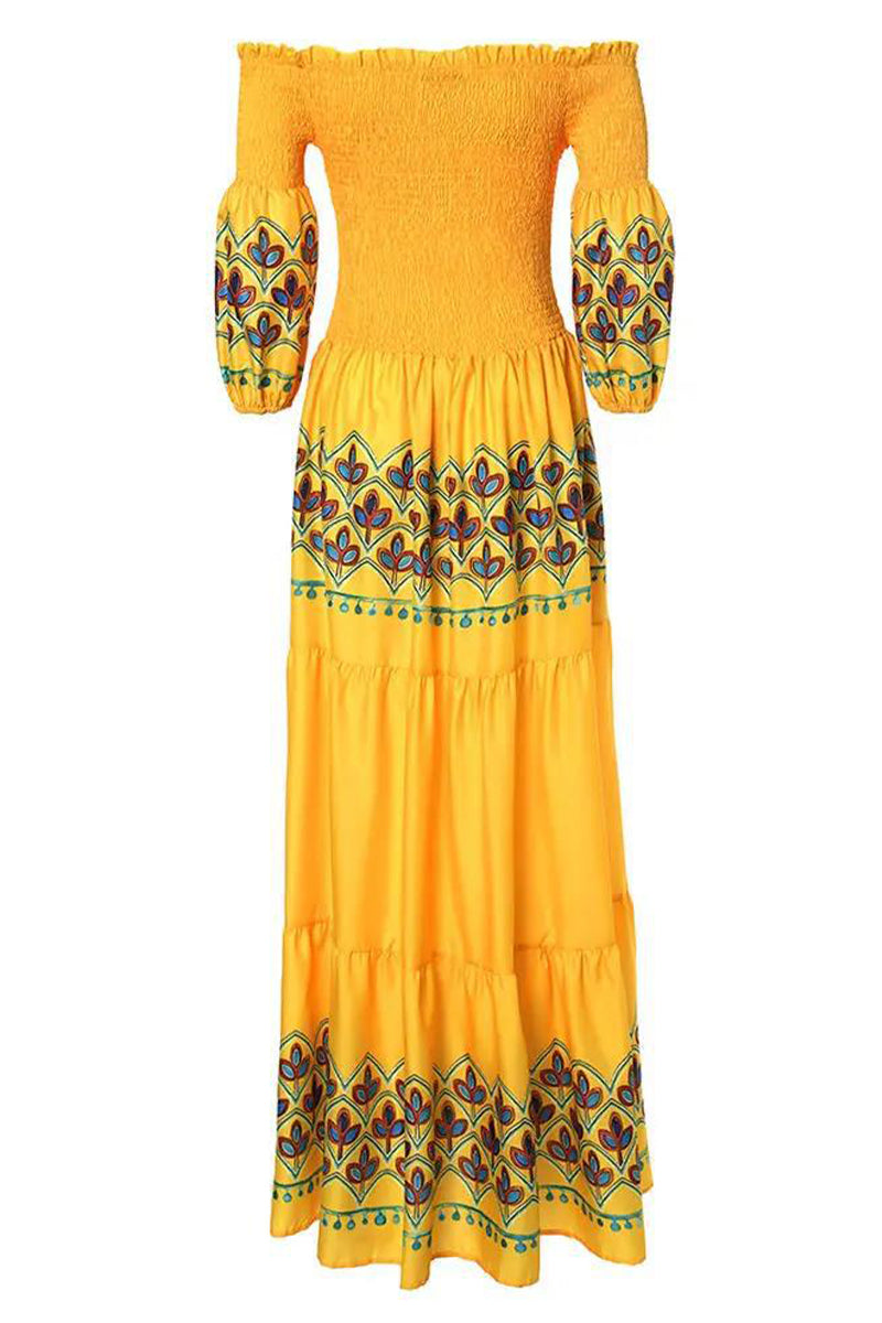 Vestido estampado con hombros descubiertos y estampado geométrico bohemio