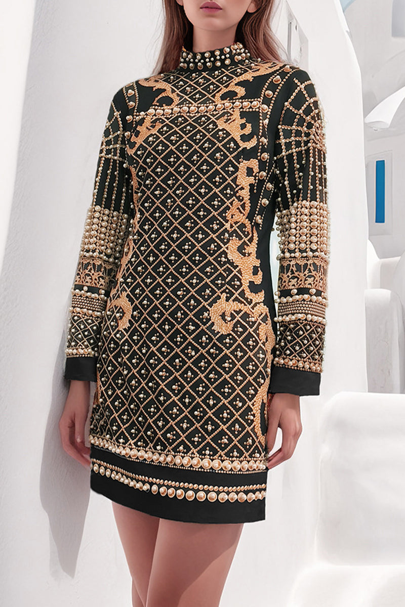 Vestido informal vintage de manga larga con cuello mandarín y estampado geométrico con cuentas