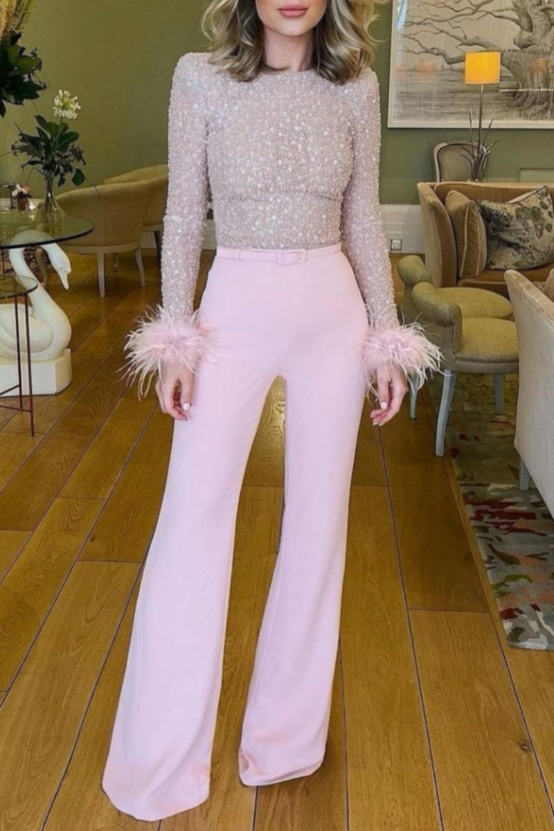 Mono ajustado informal de lentejuelas con cuello redondo y cinturón (sujeto al modelo real)