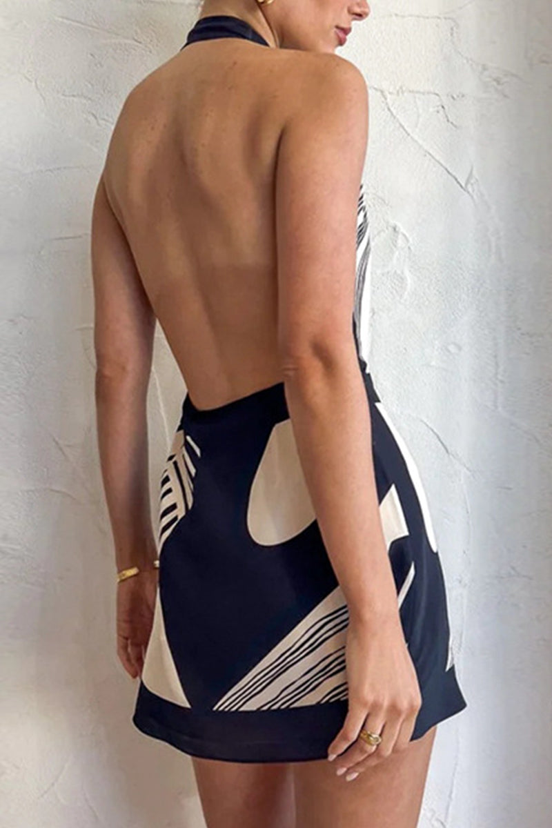 Vestido sexy sencillo con estampado geométrico, sin espalda, estilo halter y sin mangas
