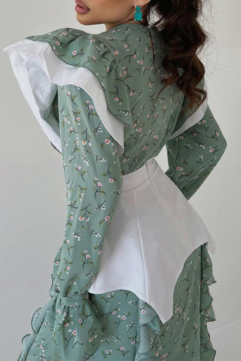 Elegante vestido de falda con volantes, botones florales y cuello redondo (cinturilla)