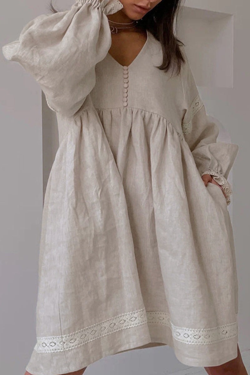 Vestidos casuales de manga larga con cuello en V y hebilla de patchwork sólido