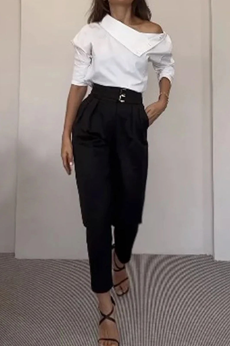 Conjunto informal de dos piezas con cuello alto, manga larga y botones de bolsillo lisos de estilo británico