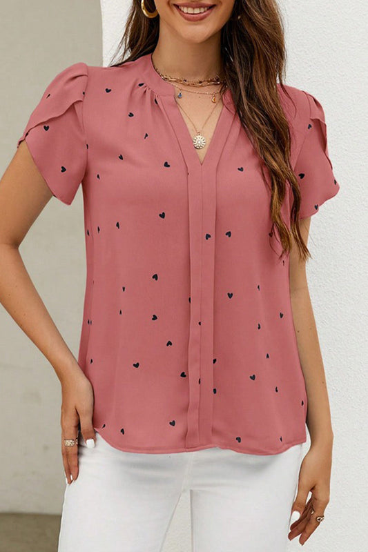 Tops casuales con cuello en V y patchwork con estampado de amor