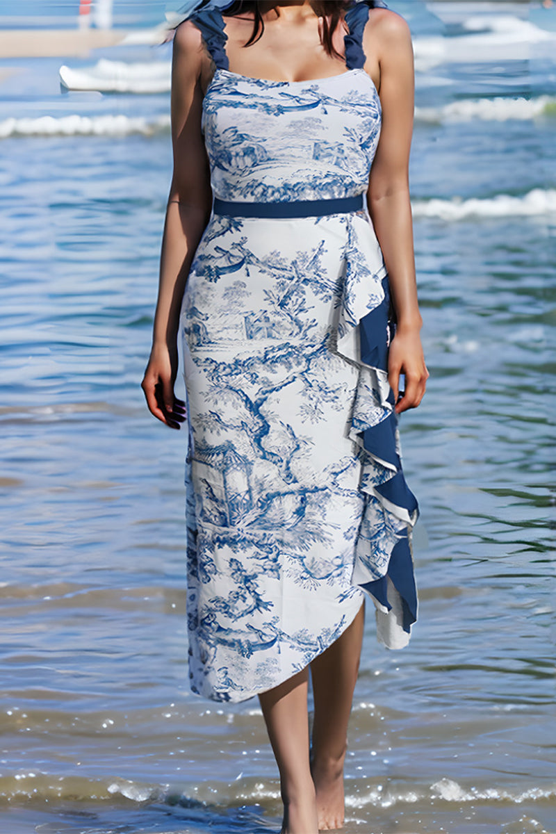 Traje de baño sexy vintage con estampado geométrico y volantes en contraste