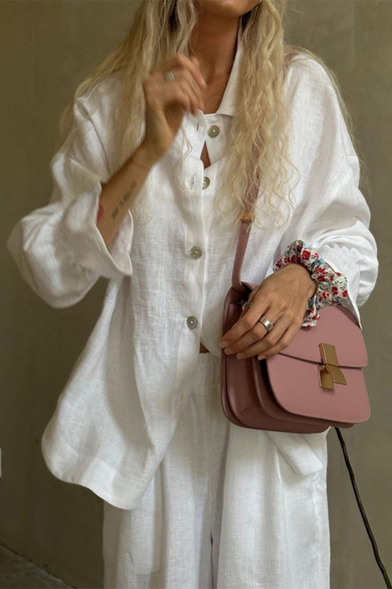 Conjunto informal de dos piezas con cuello vuelto, manga larga y volantes con hebilla sólida