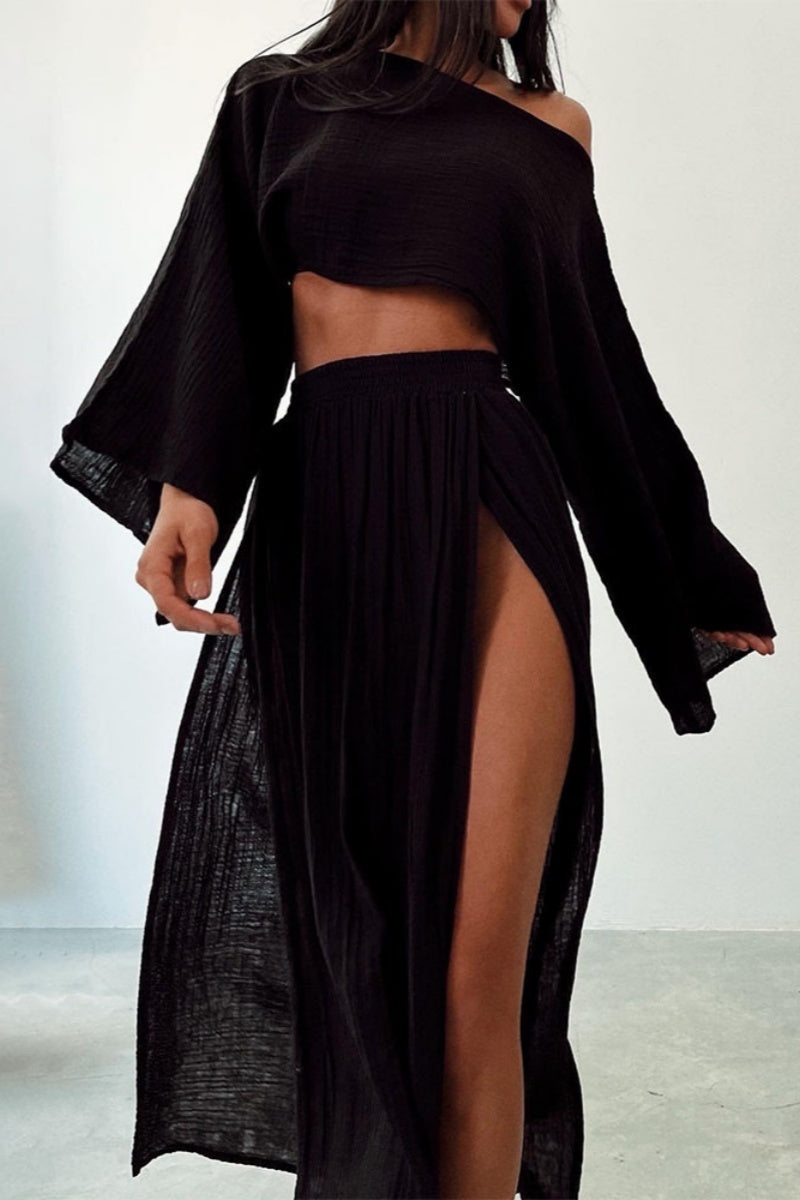 Conjunto informal de dos piezas con cuello redondo, manga larga y abertura lisa