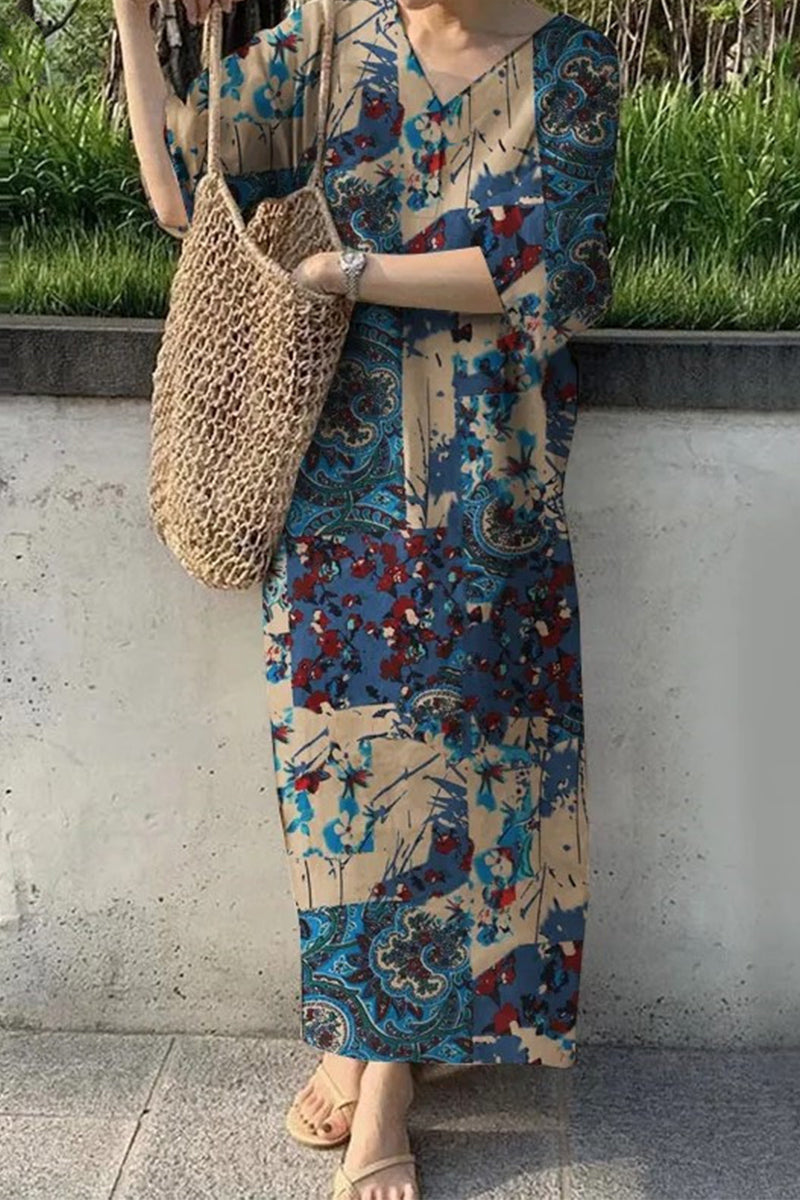 Vestidos casuales vintage con estampado geométrico y cuello en V