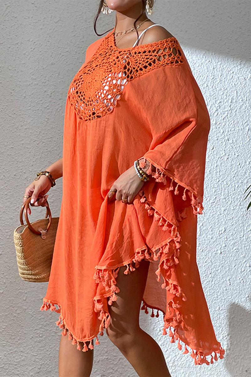 Traje de baño sexy de vacaciones con borlas y ganchos sólidos y ahuecado