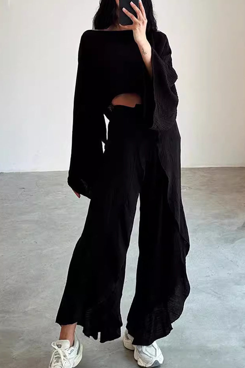 Conjunto informal de dos piezas con cuello redondo, manga larga, volante, frenillo liso y abertura