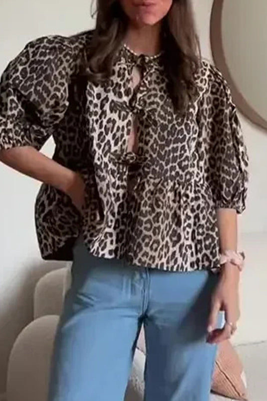 Tops sexys con cuello redondo y frenillo de leopardo con estampado vintage