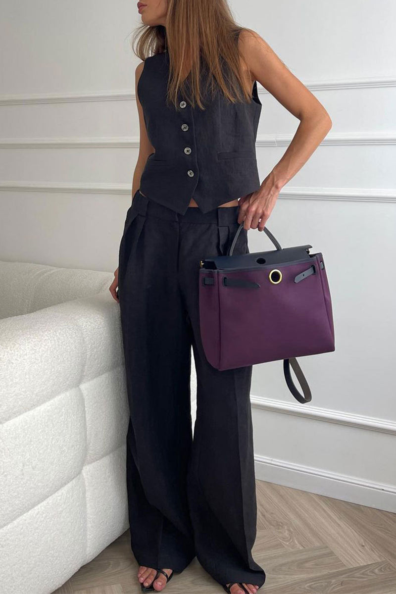 Conjunto informal de dos piezas con cuello en V, sin mangas, estilo británico, con hebilla sólida (3 colores)