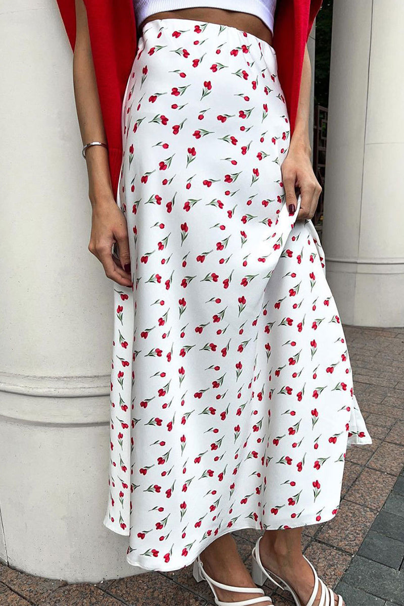 Elegante pantalón tipo A de cintura alta con estampado de frutas y estampado completo