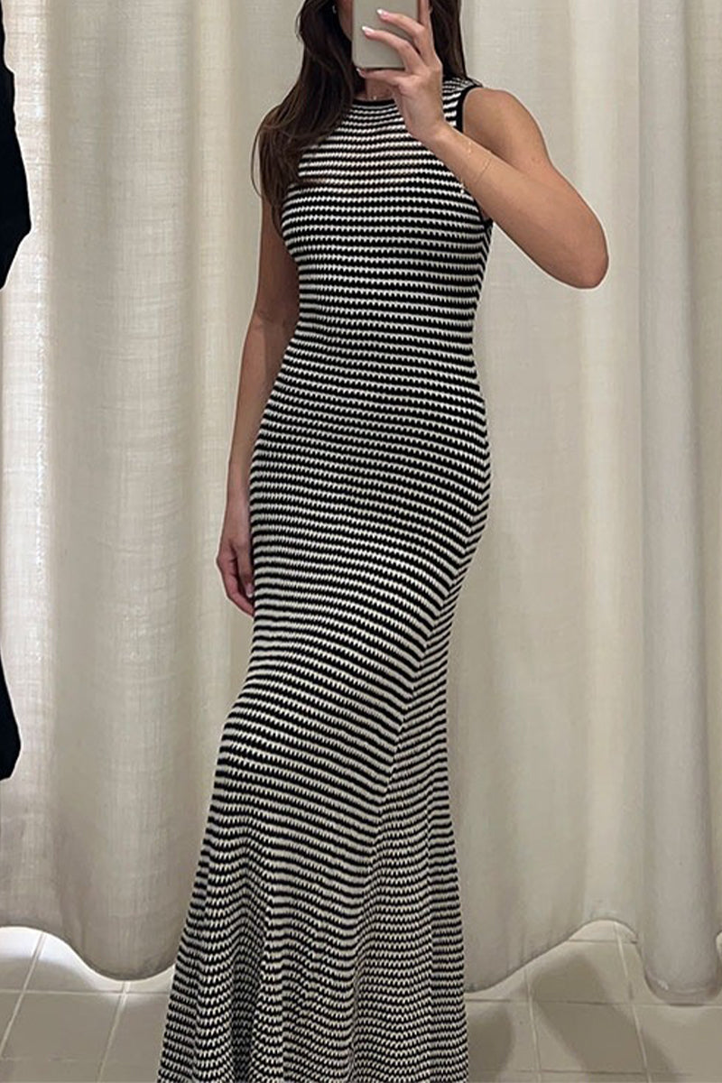 Vestidos playeros sexis de cuello redondo y cuadros ahuecados para vacaciones