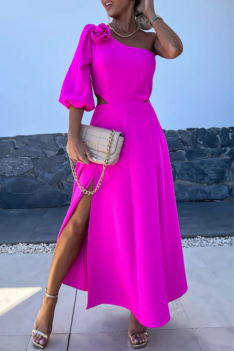 Vestidos elegantes de celebridades con aberturas sólidas, flores asimétricas, cuello oblicuo, línea A (4 colores)