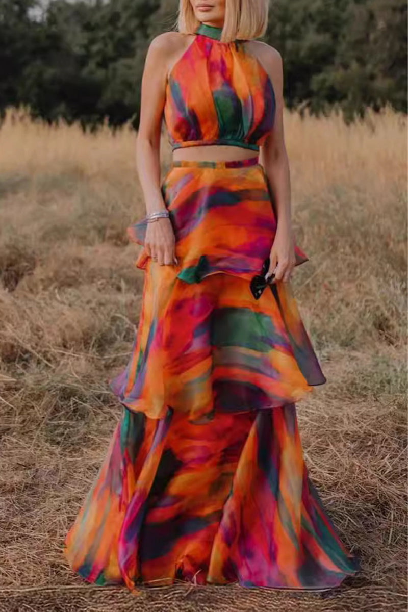 Elegante traje de baño de dos piezas sin mangas con volantes y contraste con estampado de cambio gradual