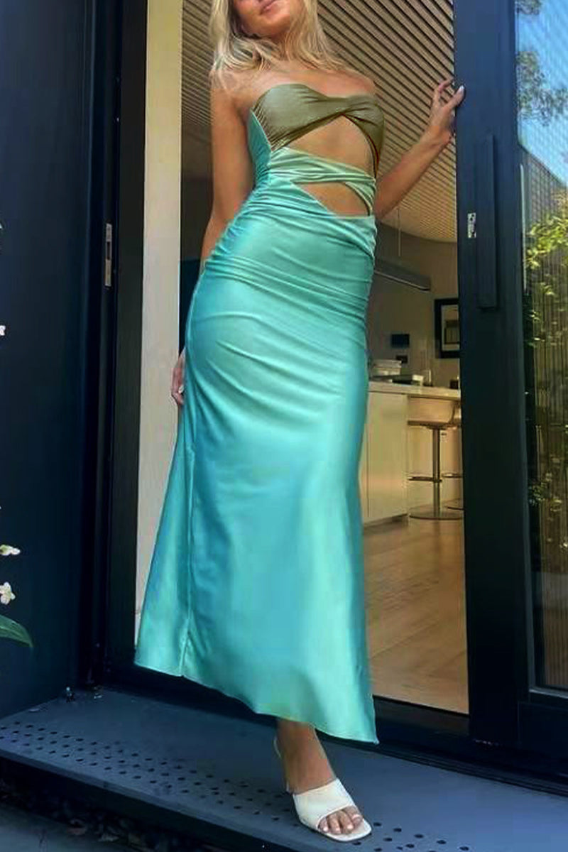 Vestidos sexis de falda de un solo paso sin tirantes con contraste ahuecado y sólido