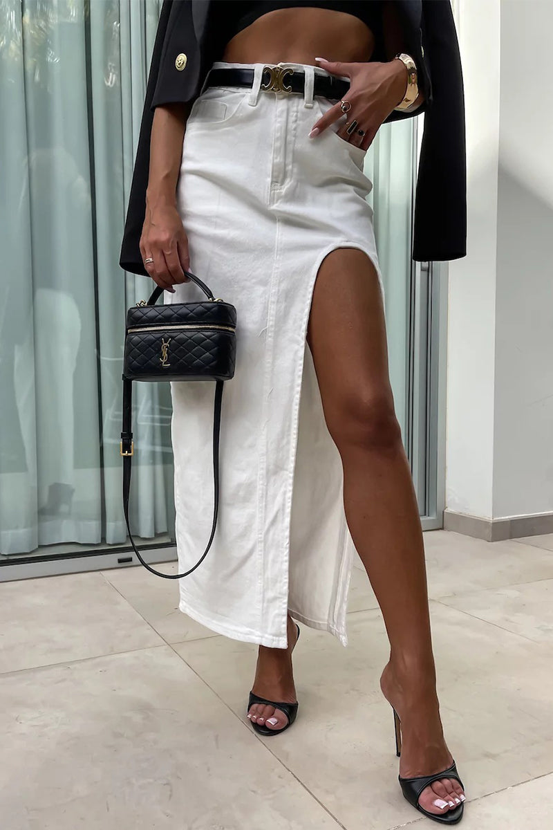 Falda vaquera vintage elegante de cintura alta asimétrica con abertura y bolsillo liso