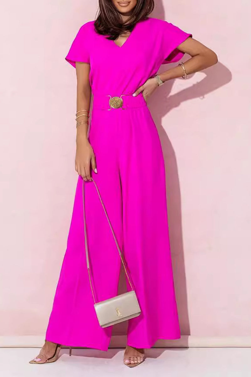 Monos holgados informales con cuello en V y accesorios de metal sólido