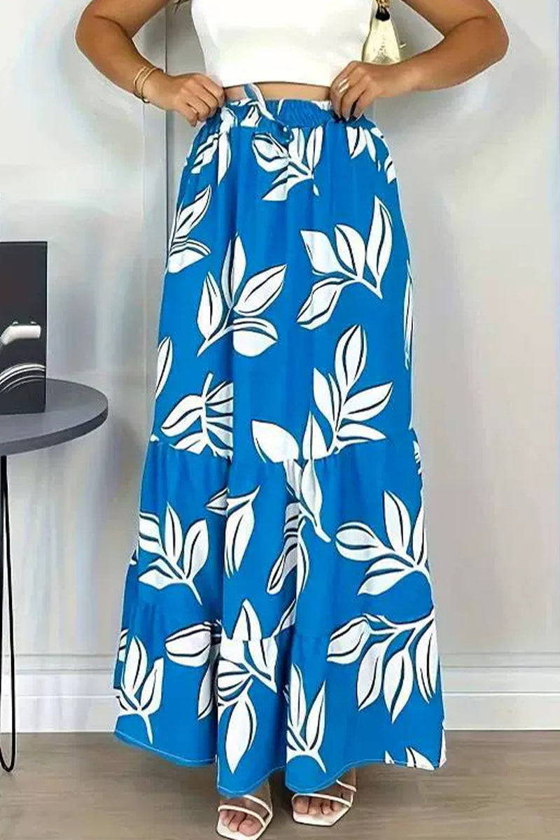 Elegante pantalón holgado tipo A con estampado floral y frenillo completo